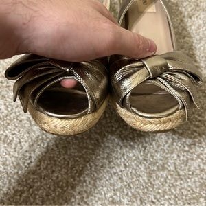 Valentino | Gold Bow Leather Wedge Peep Toe Espadrille Sandal 38